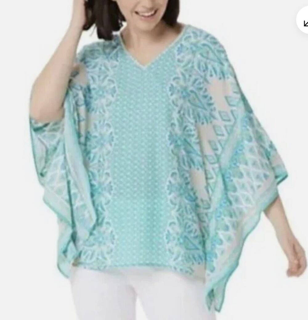 Belle by Kim Gravel Teal Paisley Poncho Caftan Blouse Top M Boho Summer Beach XL